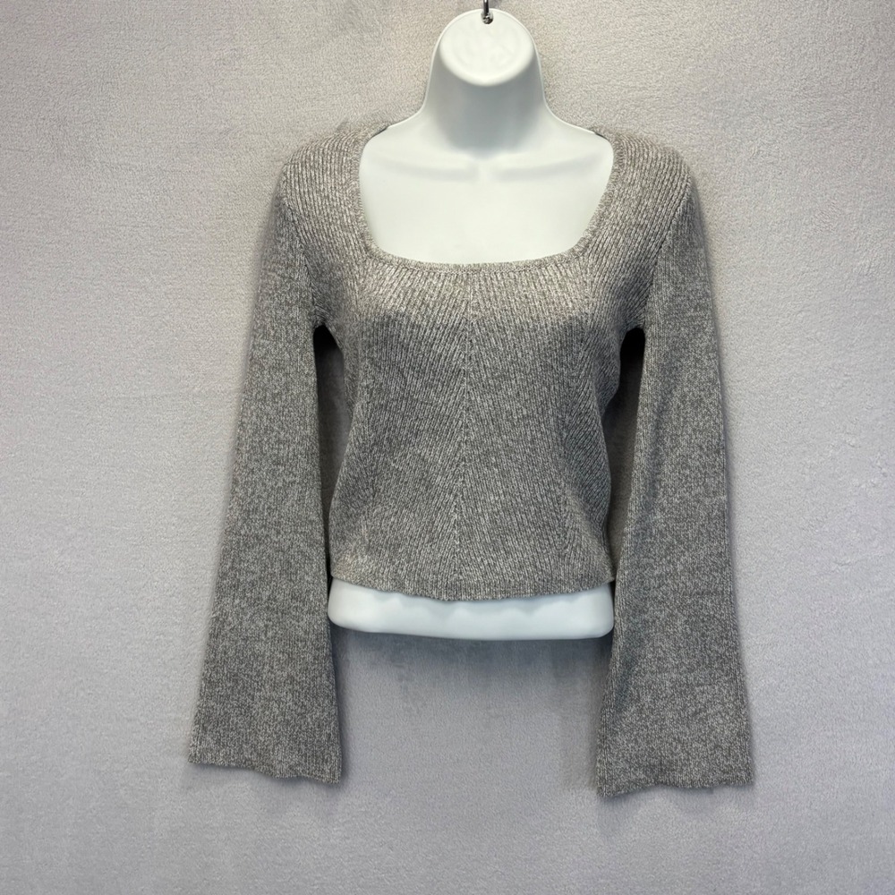 Hollister Flare Sleeve Square Neck Sweater Womens Small S Grey Ribbed Cropped